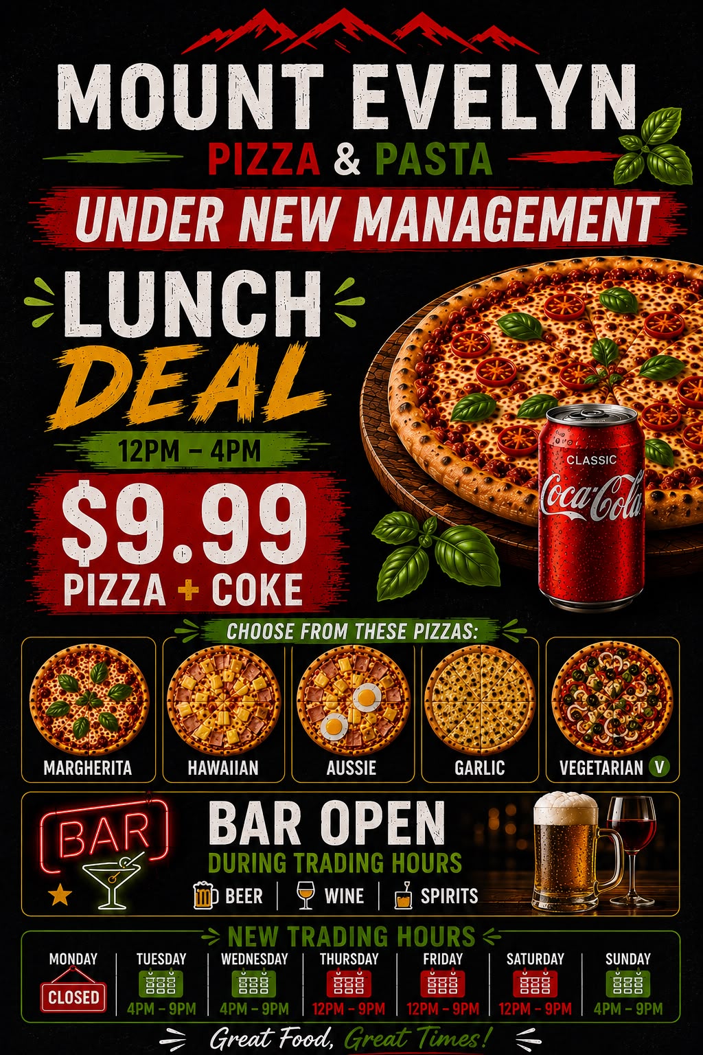 Mt Evelyn Pizza & Pasta — $9.99 Lunch Deal, Pizza + Coke, 12PM–4PM