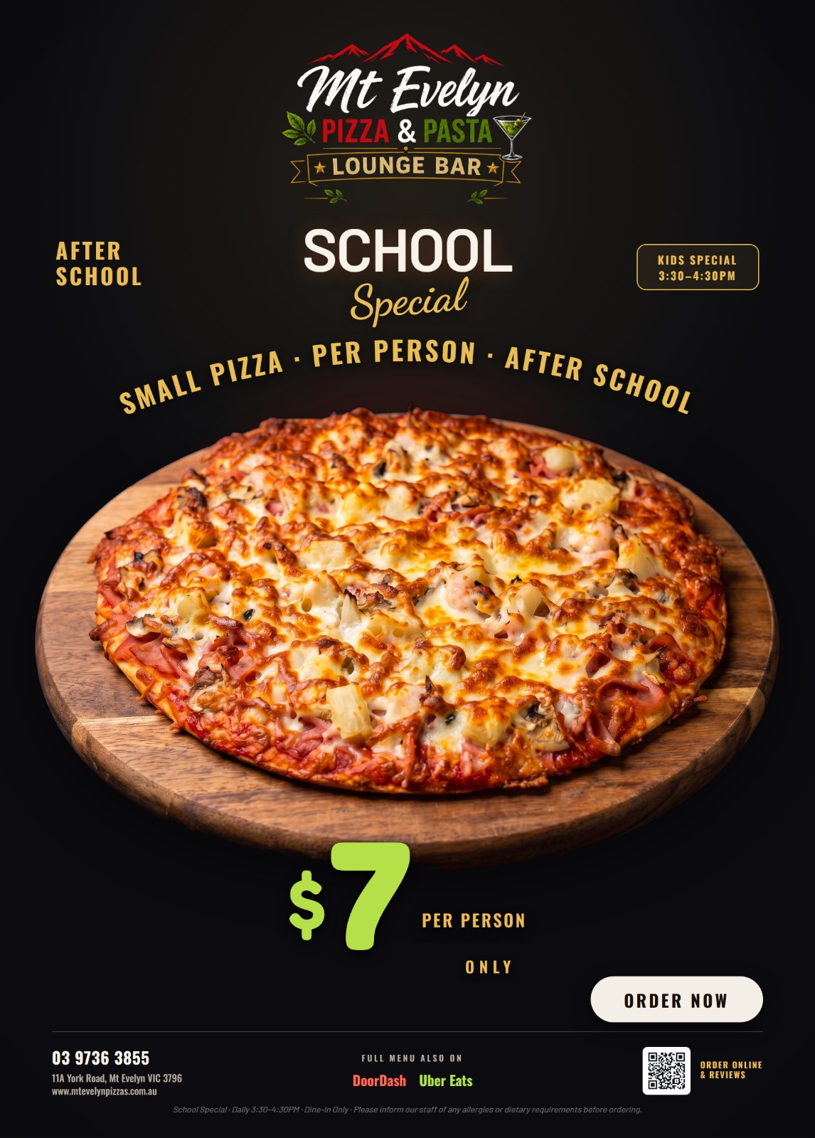 Mt Evelyn Pizza & Pasta — After School Special, small pizza per person, $7