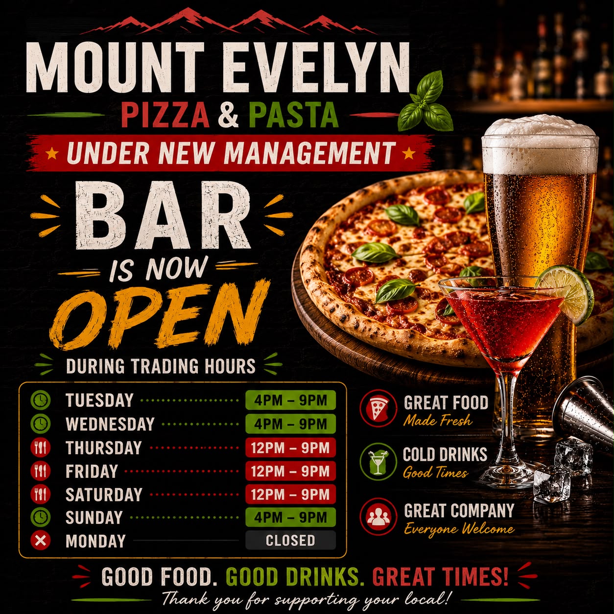 Bar is now open during trading hours — Mt Evelyn Pizza & Pasta