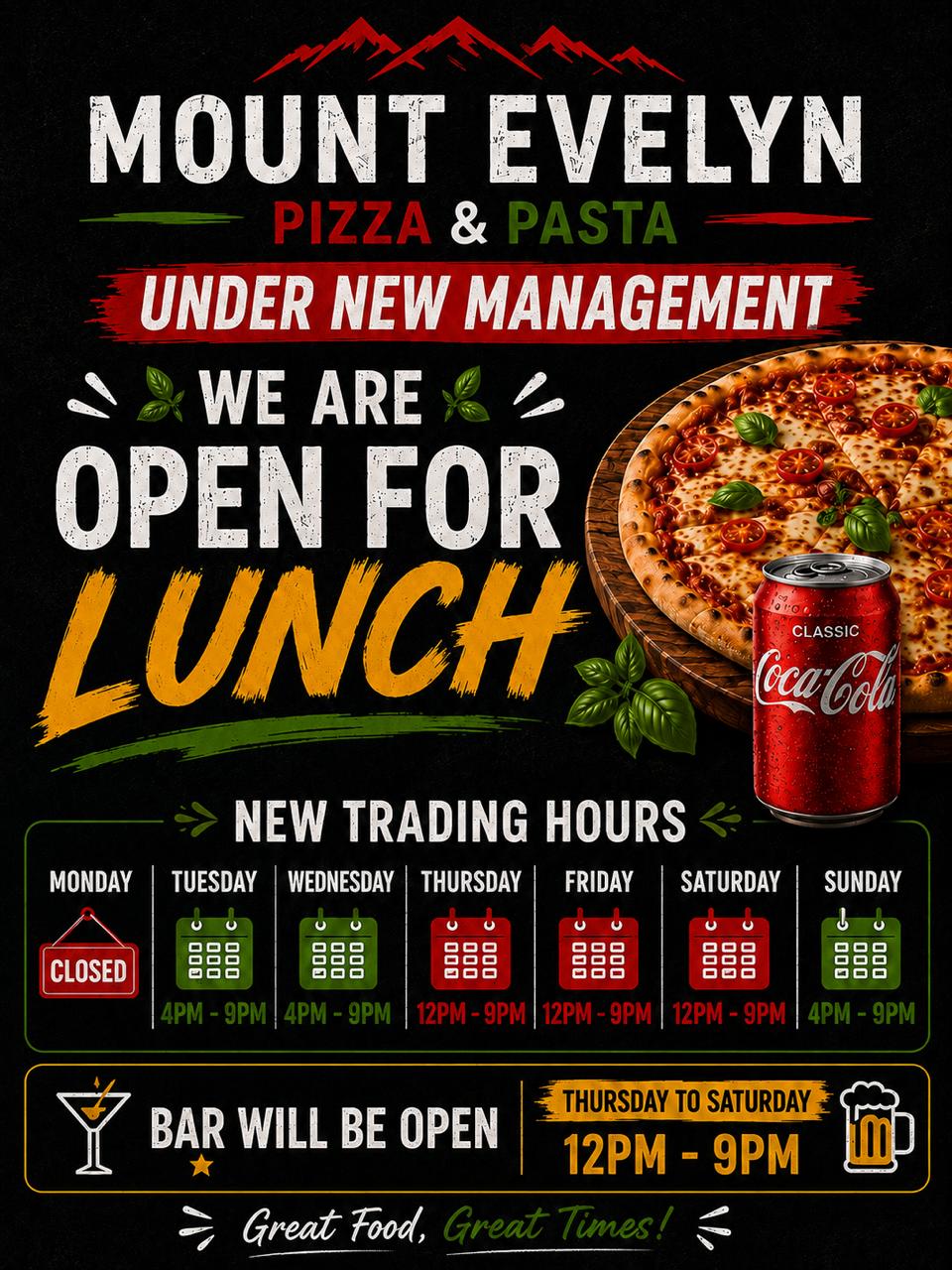 Mt Evelyn Pizza & Pasta — Open for lunch, new trading hours