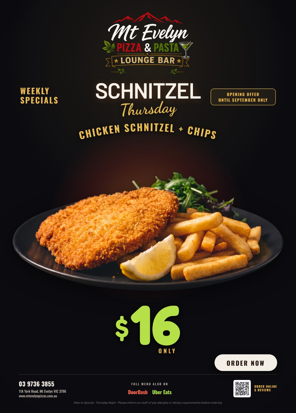 Mt Evelyn Pizza & Pasta — Schnitzel Thursday, chicken schnitzel + chips, $16